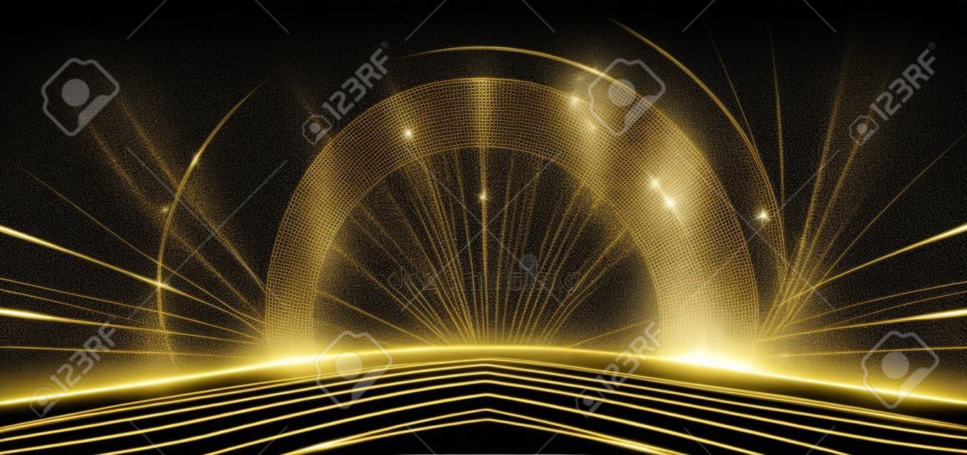 Elegante cerchio dorato del palco che si illumina con effetto luminoso scintilla su sfondo nero. modello premio premio design. illustrazione vettoriale