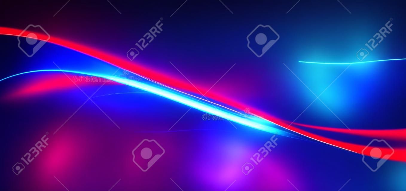Abstrakcyjna technologia futurystyczne świecące niebieskie i czerwone linie świetlne z efektem rozmycia ruchu na ciemnoniebieskim tle. ilustracja wektorowa
