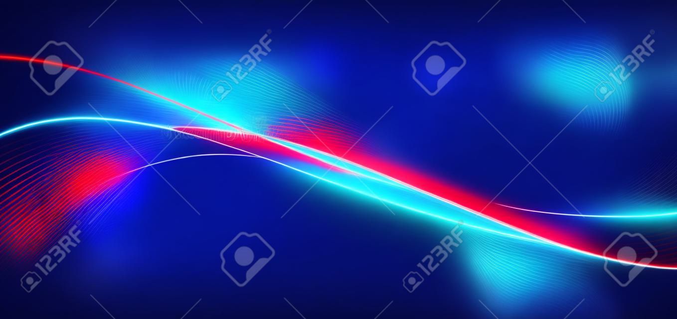 Abstrakcyjna technologia futurystyczne świecące niebieskie i czerwone linie świetlne z efektem rozmycia ruchu na ciemnoniebieskim tle. ilustracja wektorowa