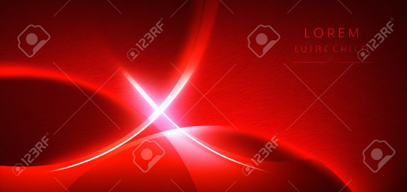 赤い背景に抽象的な3D曲線の赤い図形と照明効果、テキスト用のコピー用スペースを持つ輝き。豪華なデザインスタイル。ベクターイラスト