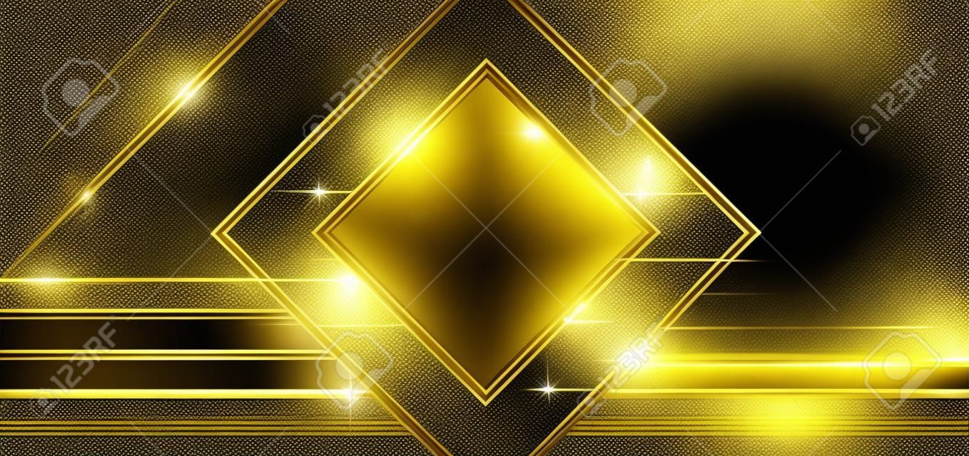 Luxury square frame golden glitter effect glowing on black background with lighting effect sparkle. Template premium award ceremony design. Vector illustration