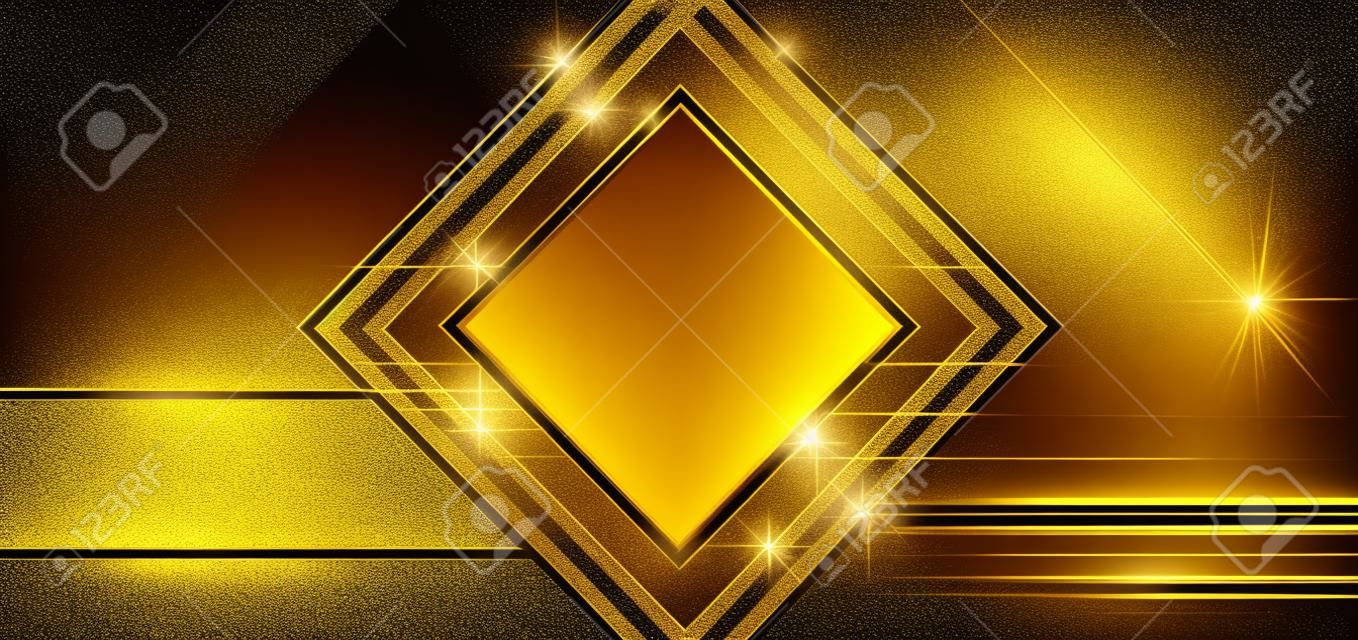 Luxury square frame golden glitter effect glowing on black background with lighting effect sparkle. Template premium award ceremony design. Vector illustration