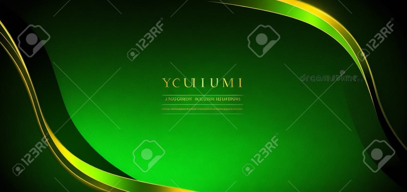 Luxury curve golden lines on dark green background with lighting effect and space for text. Luxury design style. Template premium award design. Vector illustration