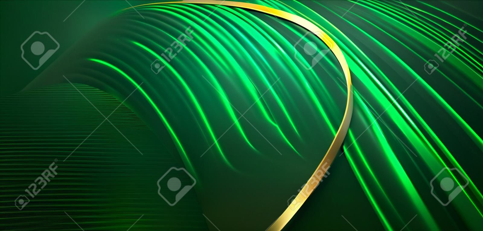 Abstract 3d gold curved green ribbon on dark green background with lighting effect and sparkle with copy space for text. Luxury design style. Vector illustration