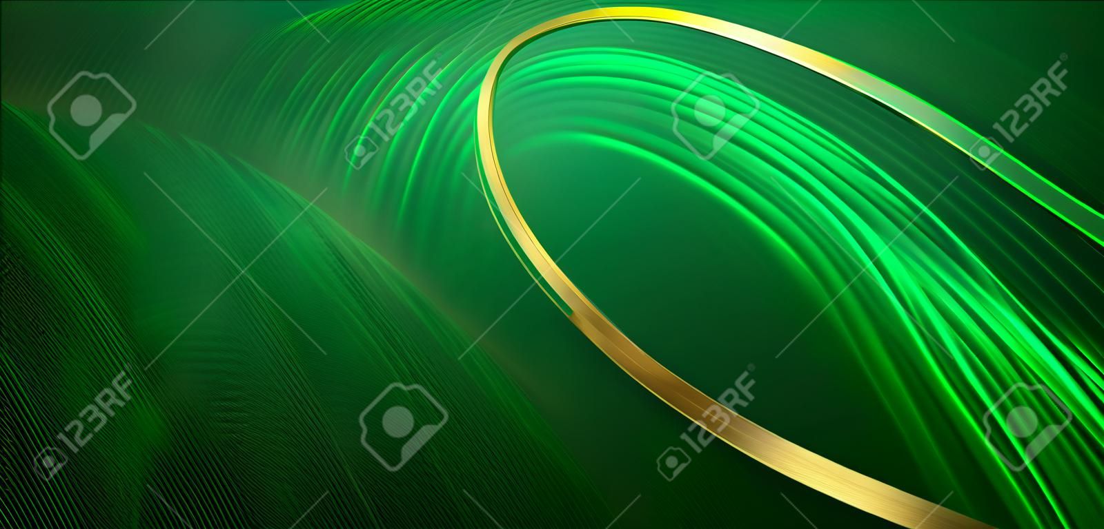 Abstract 3d gold curved green ribbon on dark green background with lighting effect and sparkle with copy space for text. Luxury design style. Vector illustration