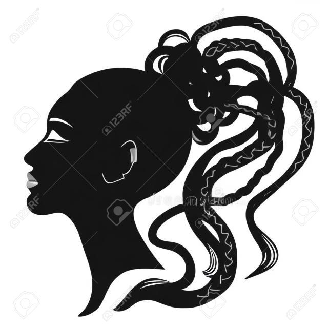 Cabelo preto e pigtail, trançado, cornrows estilo de cabelo. Silhueta do rosto da vista lateral da mulher. Ilustração vetorial isolada em um fundo branco. Imprimir, logotipo, pôster, camiseta, cartão.