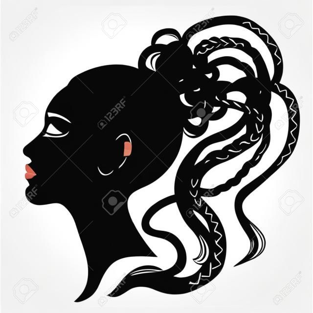 Cabelo preto e pigtail, trançado, cornrows estilo de cabelo. Silhueta do rosto da vista lateral da mulher. Ilustração vetorial isolada em um fundo branco. Imprimir, logotipo, pôster, camiseta, cartão.