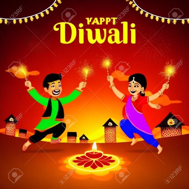 Niedliche Cartoon-Indianer in traditioneller Kleidung springen und spielen mit Feuerwerkskörpern, die das Lichterfest Diwali oder Deepavali auf Himmelshintergrund feiern.