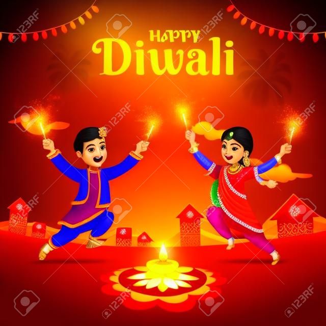 Cute cartoon indyjskich dzieci w tradycyjnych strojach skacze i bawi się petardą z okazji festiwalu świateł Diwali lub Deepavali na tle nieba.