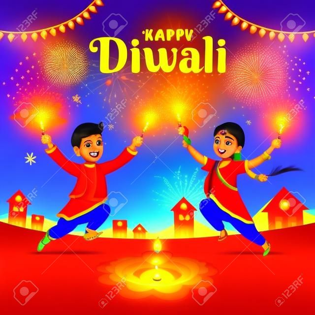 Simpatico cartone animato bambini indiani in abiti tradizionali che saltano e giocano con petardi celebrando la festa delle luci Diwali o Deepavali sullo sfondo del cielo.