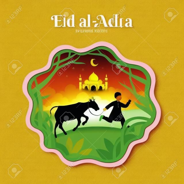 Eid al-Adha biglietto di auguri concetto illustrazione in stile taglio carta con ragazzo musulmano portare bestiame per il sacrificio
