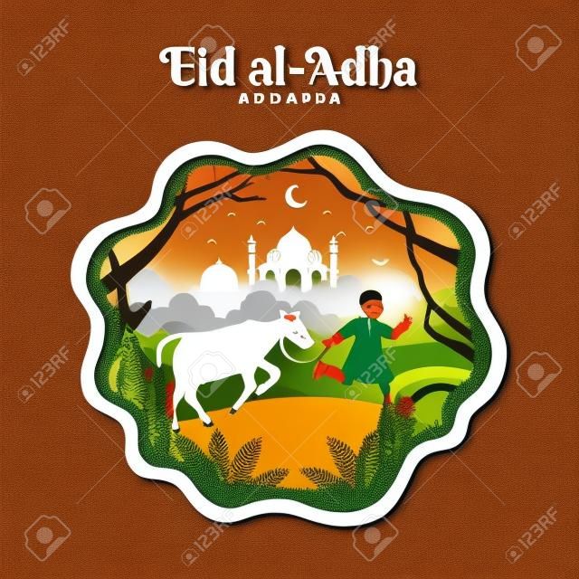 Eid al-Adha biglietto di auguri concetto illustrazione in stile taglio carta con ragazzo musulmano portare bestiame per il sacrificio
