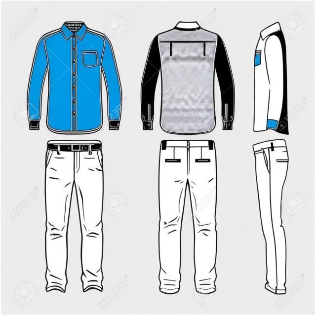 Front, back and side views of men's set. Blank templates of shirt and pants. Casual style. Vector illustration for your fashion design.