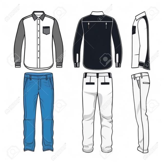 Front, back and side views of men's set. Blank templates of shirt and pants. Casual style. Vector illustration for your fashion design.