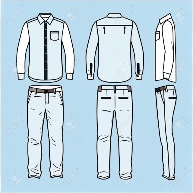 Ön Erkek set arka ve yan görünümleri. Gömlek ve pantolon boş şablonlar. Casual tarz. Moda tasarımı için Vector illustration.