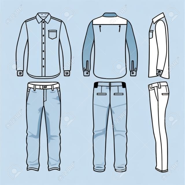 前和侧面的意见，男子的设置空白模板的衬衫和裤子休闲风格矢量插图为您的时装设计
