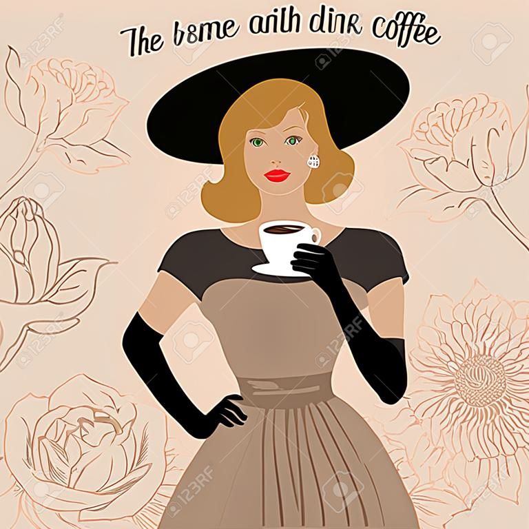 優雅的女人，手裡拿著一杯咖啡。最好的時候喝咖啡。復古海報，名片，請柬。
