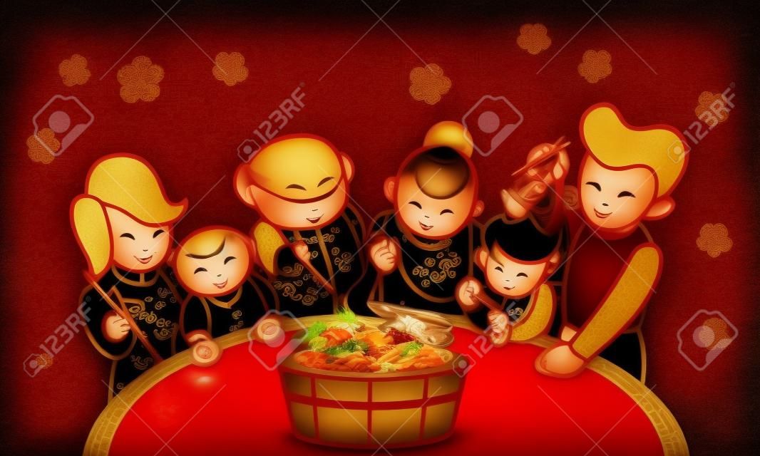 Uma família oriental desfrutando de seu prato tradicional chinês