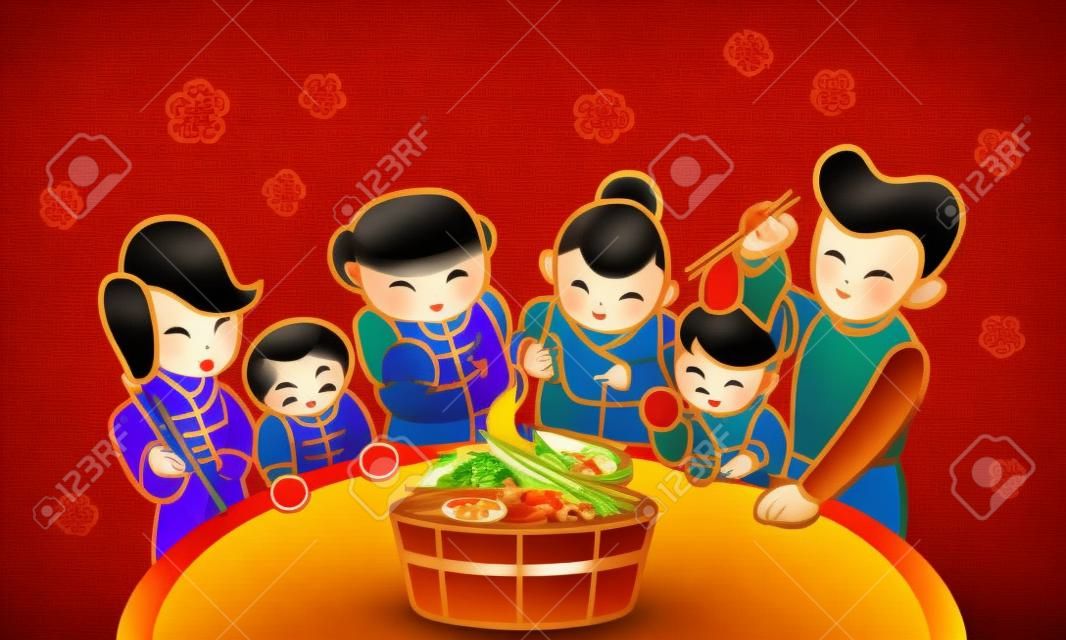 Uma família oriental desfrutando de seu prato tradicional chinês