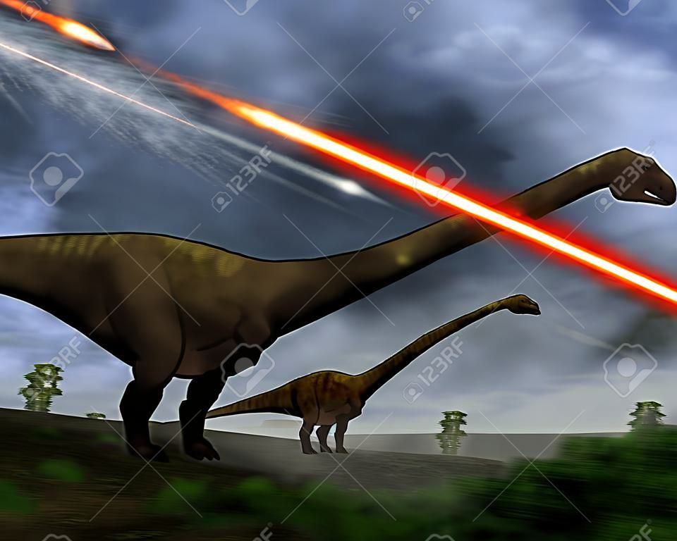 Brontosaurus schauen die Meteore regneten, die den größeren Asteroiden Streik voraus, vor zum Aussterben der Dinosaurier 65.000.000 Jahre führen würde.
