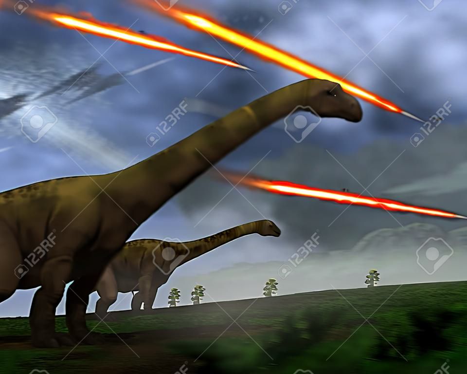 Brontosaurs miran a los meteoros que caían que precedieron al impacto de un asteroide más grande que daría lugar a la extinción de los dinosaurios hace 65 millones de años.