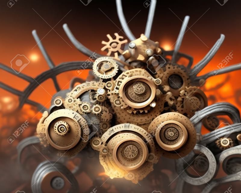 A detailed 3D abstract illustration of a Steampunk Virus
