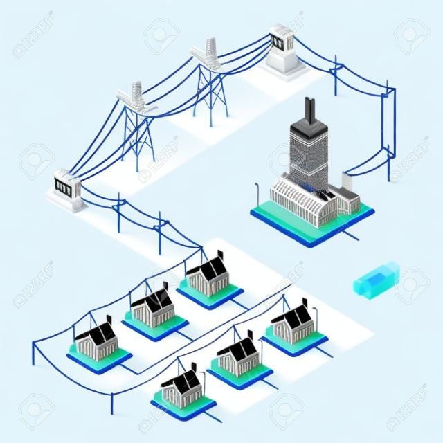 전기 에너지 유통 체인 인포 그래픽 개념입니다. 도시의 건물 및 주택에 전기 공급을 제공하는 아이소 메트릭 3D 전기 그리드 요소 파워 그리드 파워 하우스