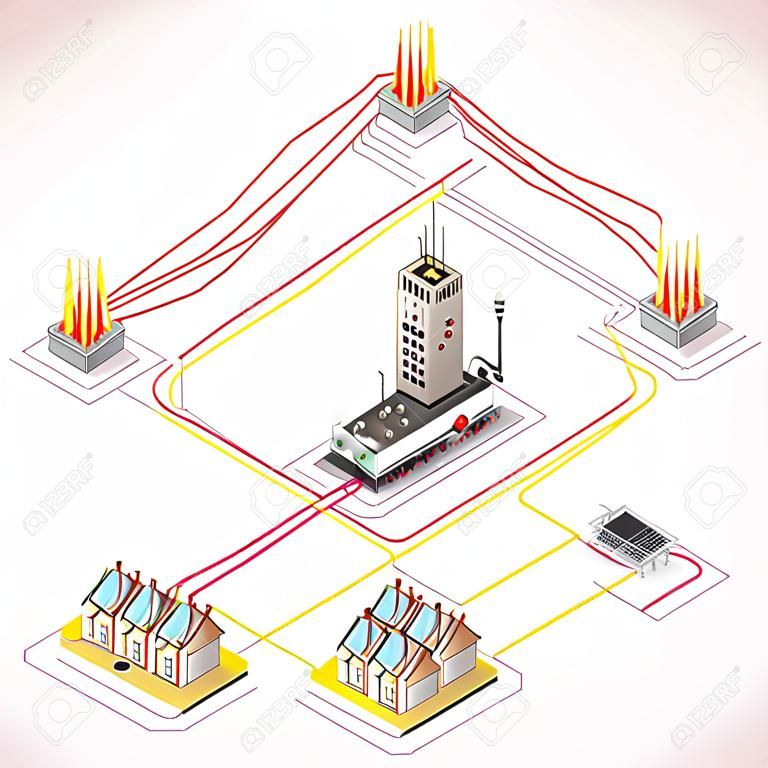 电能连锁配送信息图表概念。等距3D电网输入元素电网发电站提供电力供应，城市建筑物和房屋