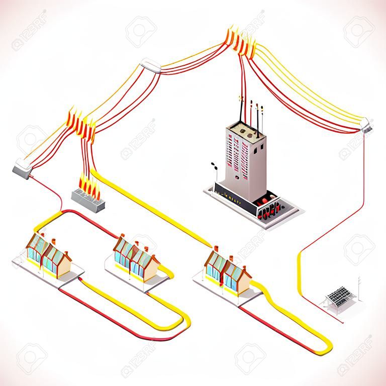 電能連鎖配送信息圖表概念。等距3D電力電網元素電網發電所提供電力供應，城市建築物和房屋