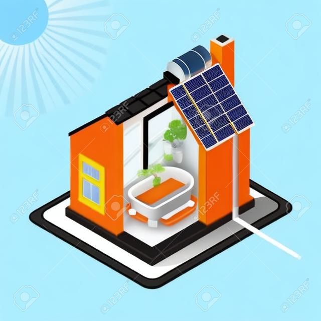 청정 에너지 주택 태양 전지 패널 인포 그래픽 아이콘 개념입니다. 아이소 메트릭 색상 요소를 부드럽게 차원. 난방 제공 차트 계획의 그림