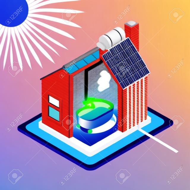Concetto dell'icona di Infographic dei pannelli solari della Camera dell'energia pulita. Isometrico 3d ammorbidire gli elementi di colori. Illustrazione di schema di riscaldamento che fornisce diagramma