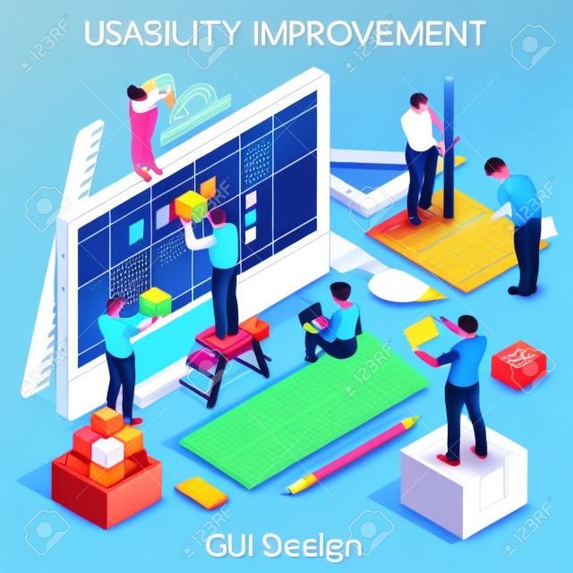 GUI design for Usability and User Experience Improvement. Interacting People Unique Isometric Realistic Poses. NEW bright palette 3D Flat Vector Concept. Team Creating Great Web Graphic User Interfac