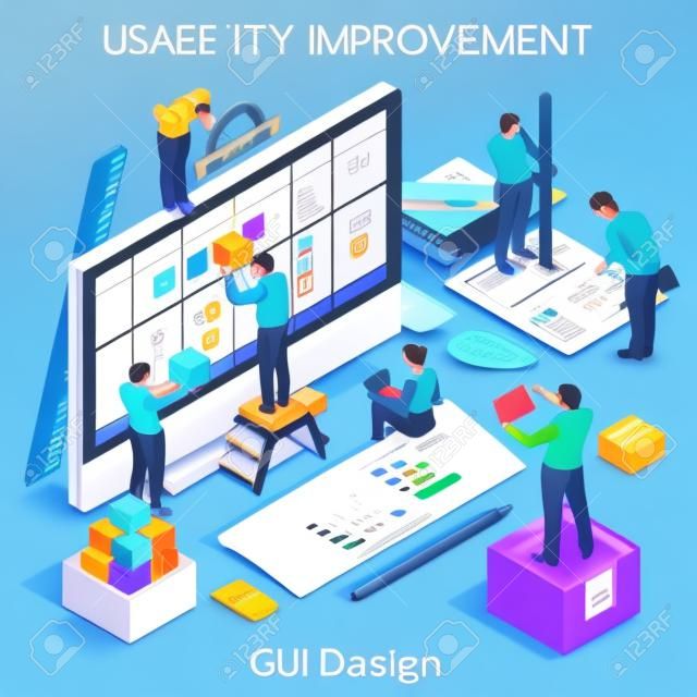 GUI design for Usability and User Experience Improvement. Interacting People Unique Isometric Realistic Poses. NEW bright palette 3D Flat Vector Concept. Team Creating Great Web Graphic User Interfac