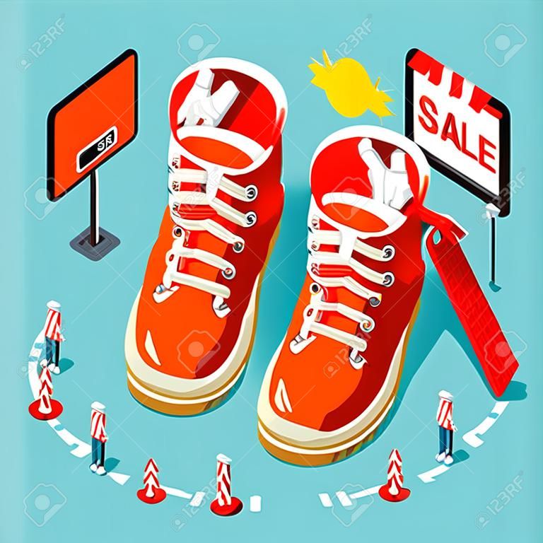 Shopping Addiction Shoes Sale. NEW bright palette 3D Flat Vector Icon Set Isometric Concept Template. Huge Oversized red Sneakers with Casual Sport Micro People
