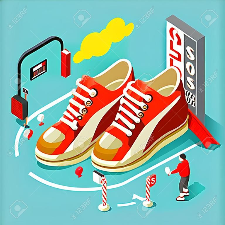 ショッピング中毒の靴の販売。新しい明るいパレット 3 D 平面ベクトル アイコン設定等尺性概念のテンプレート。カジュアルなスポーツ マイクロ人々 と巨大な特大赤いスニーカー