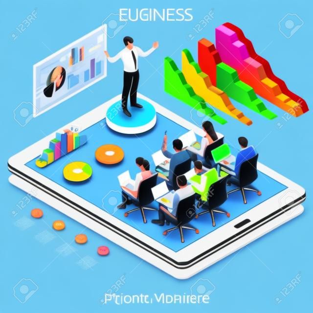 Remote Meeting Corporate Webinars. Interacting People Unique Isometric Realistic Poses. NEW bright palette 3D Flat Vector Icon Set. Webinar Online Web Conference Lecture and Training App for Tablet