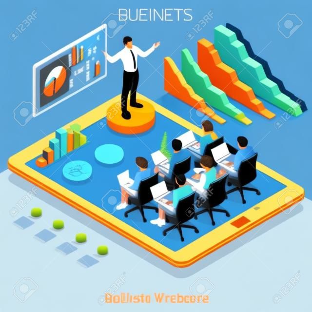 Remote Meeting Corporate Webinars. Interacting People Unique Isometric Realistic Poses. NEW bright palette 3D Flat Vector Icon Set. Webinar Online Web Conference Lecture and Training App for Tablet