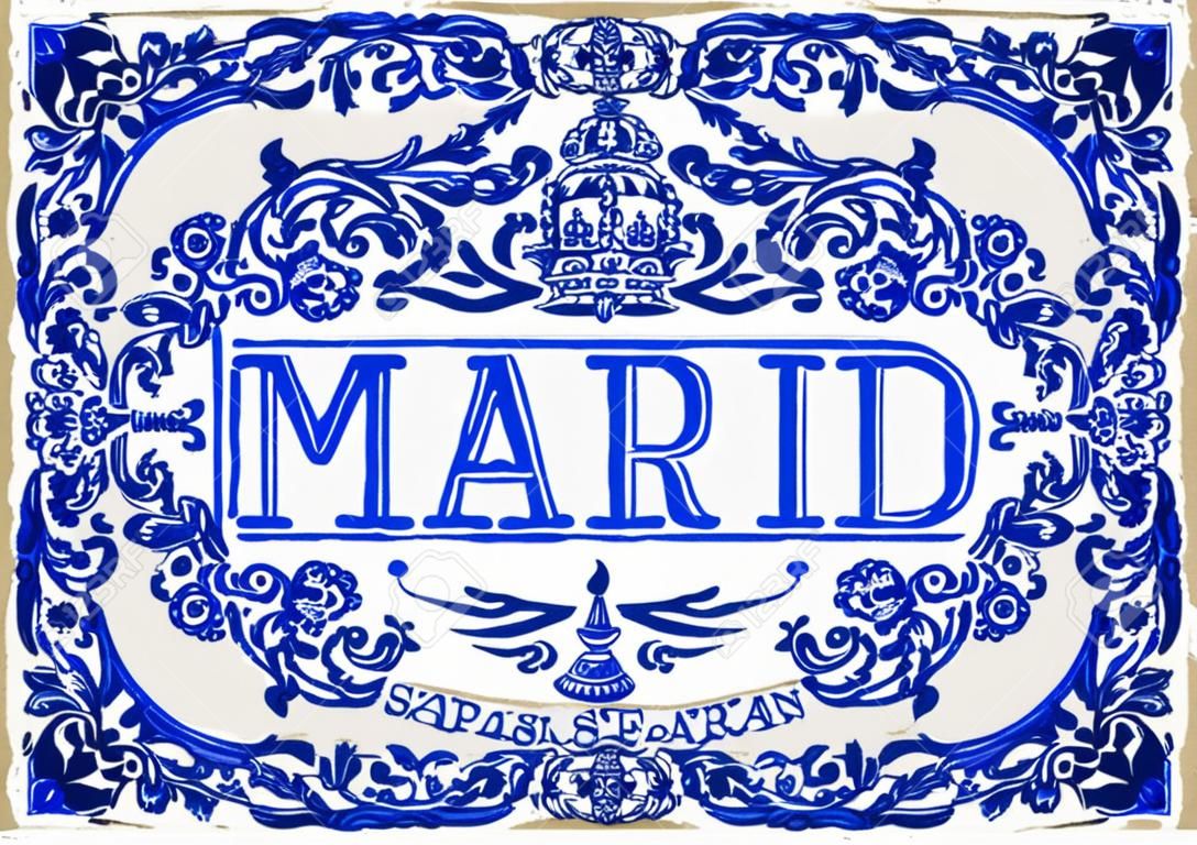 Szczegółowe Tradycyjny Malowane Ilustracja Tin szkliwione ceramiczne tilework Azulejos Płytki Wektor Vintage hiszpański Madryt Hiszpania