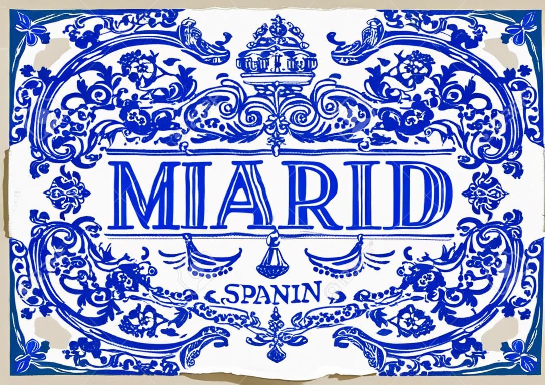 Detallada tradicional pintado Ilustración Estaño esmaltado de cerámica Tilework Azulejos Vintage Español Azulejos Vector Madrid España