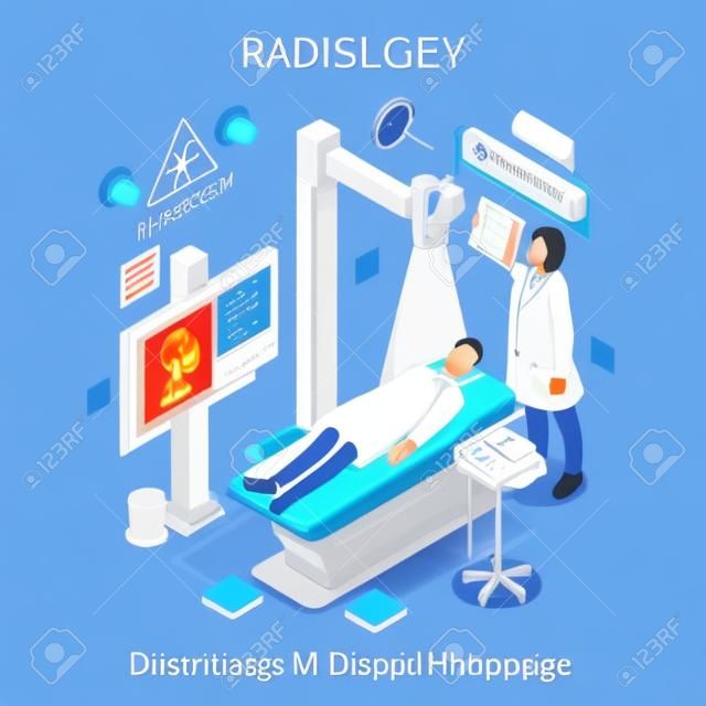 Diagnóstico e Terapêutico Imaging Hospital Department. Paciente como primeiro objetivo. RX CT Scan MRI Disease Insurance Hospital. NOVA paleta brilhante 3D plana Vector People Set