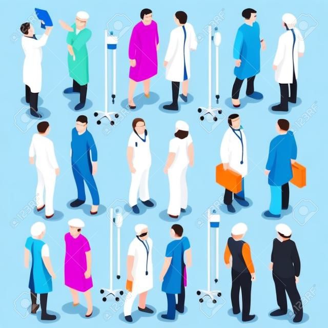 Lapos 3d isometry izometrikus orvos beteg nővér orvos kórház ikon készlet fogalmát web infographics vektoros illusztráció. Az egészségügyi gyógyszer szakemberek. Kreatív emberek gyűjtemény