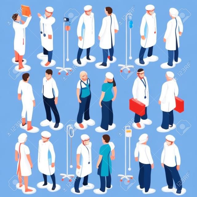 Mieszkanie 3d izometria izometryczny lekarz Pacjent pielęgniarki chirurg szpital ikony zestaw infografiki ilustracja koncepcji internetowych wektorowych. Specjaliści medycyny opieki zdrowotnej. Kolekcja kreatywnych ludzi
