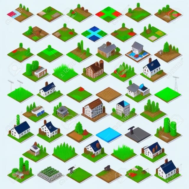 Flat 3d Isometric Farm Buildings City Map Icons Game Tiles Elements Set. NEW bright palette Rural Barn Buildings Isolated on White Vector Collection. Assemble Your Own 3D World