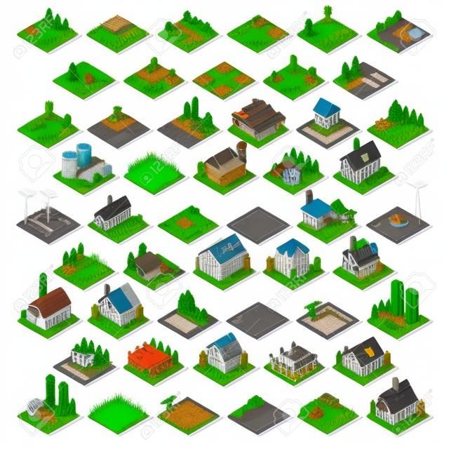 Piatto 3d isometrico fabbricati agricoli piantina della città Icone gioco Tiles Elementi SET. Nuova tavolozza brillante rurale Fienile edifici isolati su bianco Vector Collection. Assemblare il proprio mondo 3D