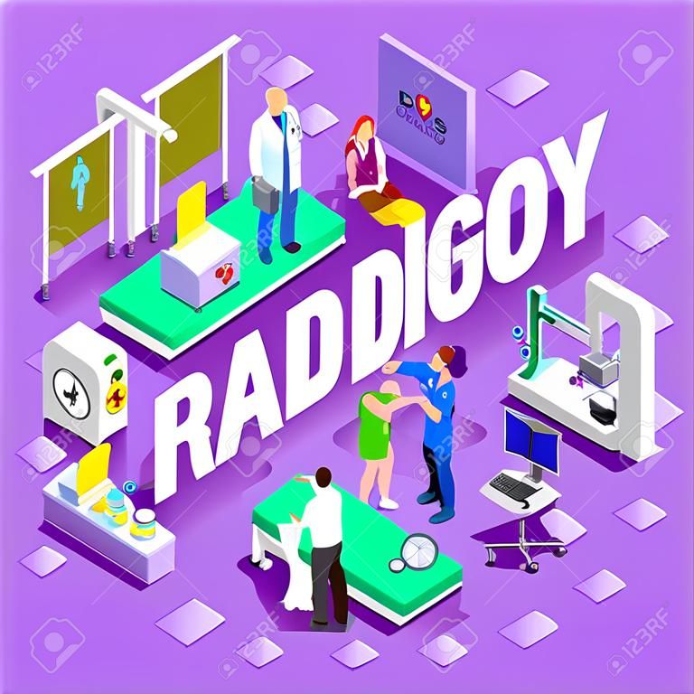 Radiology Imaging Concetto Sanità. Clinica Ospedale Simboli dipartimenti e persone nuovo luminoso palette 3D piatto Vector Icon Set. Pazienti Medici infermieri Scrubs personale e un sostegno dei lavoratori