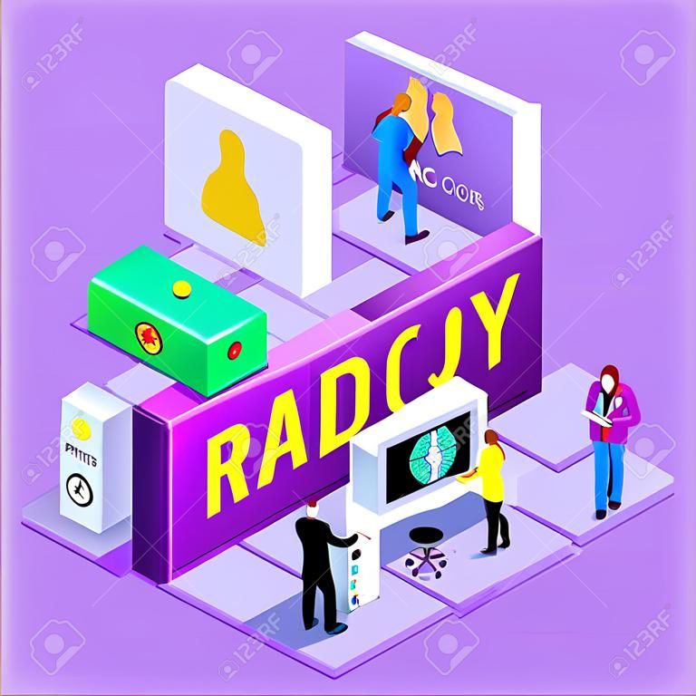 Radiology Imaging Healthcare Concept. Clinic Hospital Departments Symbols and People NEW bright palette 3D Flat Vector Icon Set. Patients Doctors Nurses Scrubs Staff and Support Workers