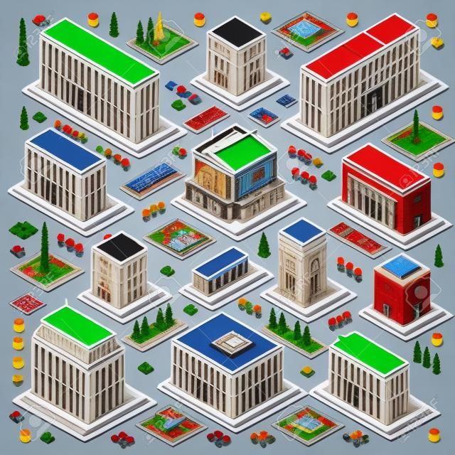 Conjunto 3d plano dos edifícios da cidade isométrica mapa da cidade elementos teatro palácio salão universidade hotel para a coleção de desenvolvimento de jogos.