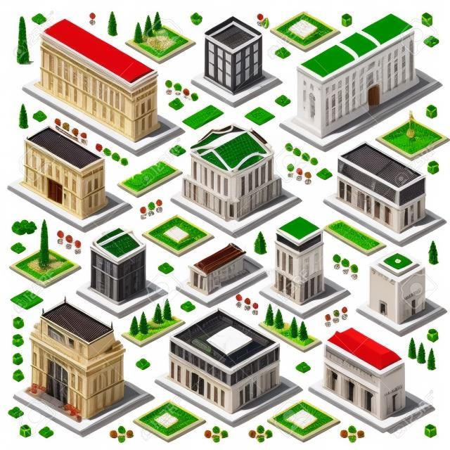Плоский 3d набор изометрической городские здания городские элементы карты театр дворца зал университета отеля для сбора разработки игр. Соберите свой собственный 3D World