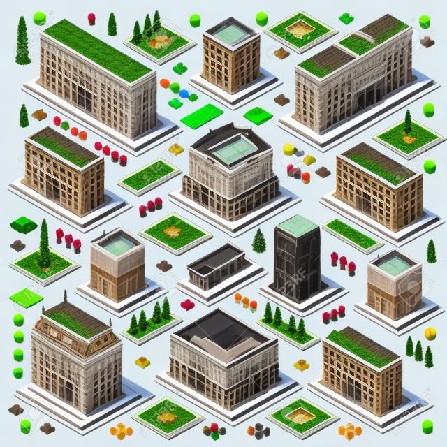 Conjunto 3d plano dos edifícios da cidade isométrica mapa da cidade elementos teatro palácio salão universidade hotel para a coleção de desenvolvimento de jogos.