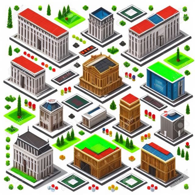 Piso 3d conjunto de la universidad de hotel isométrica elementos del mapa de la ciudad edificios de la ciudad palacio sala de teatro para la recolección de desarrollo de juegos. Ensamblar su propio mundo 3D